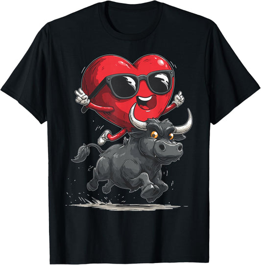 Bull Riding Heart Bull Rider Valentine's Day Sunglasses T-Shirt - T-Shirt | Black