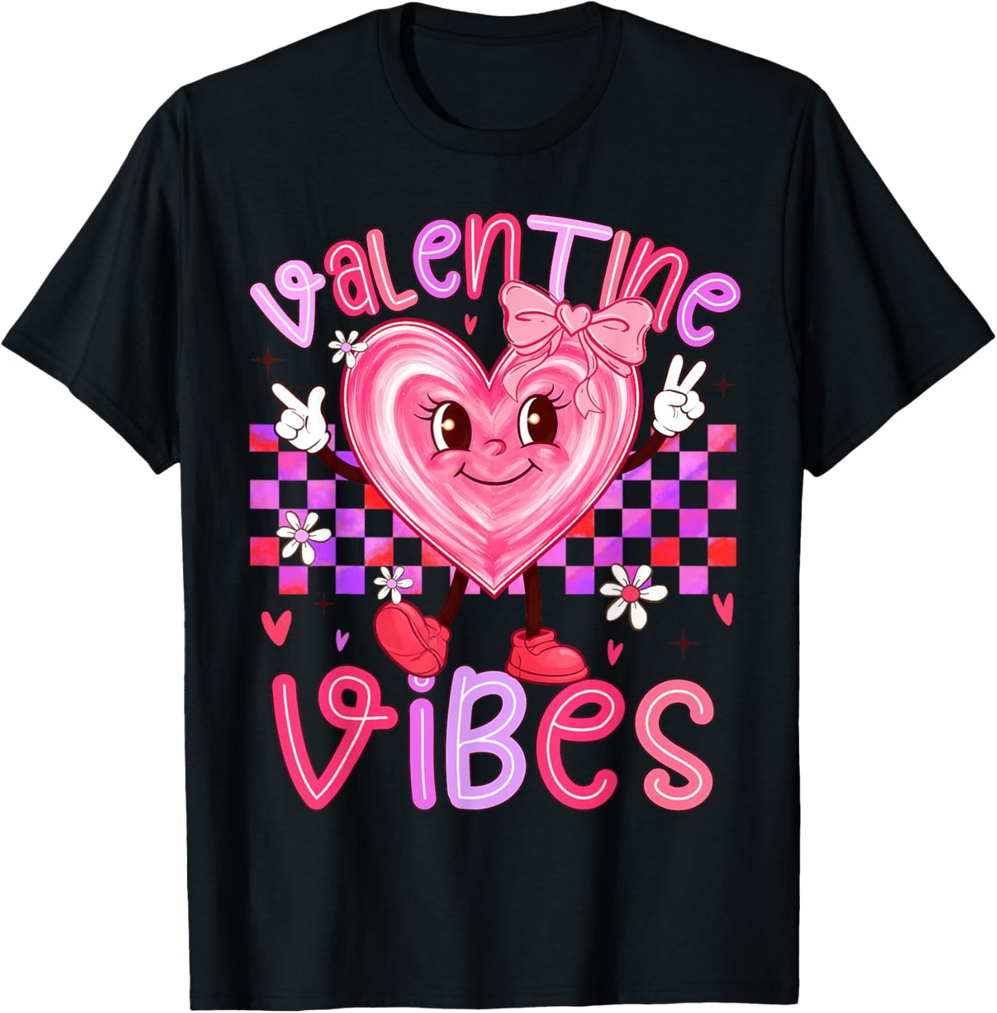 Valentine Vibes Cute Girl Happy Valentines Day Preppy T-Shirt - T-Shirt | Black