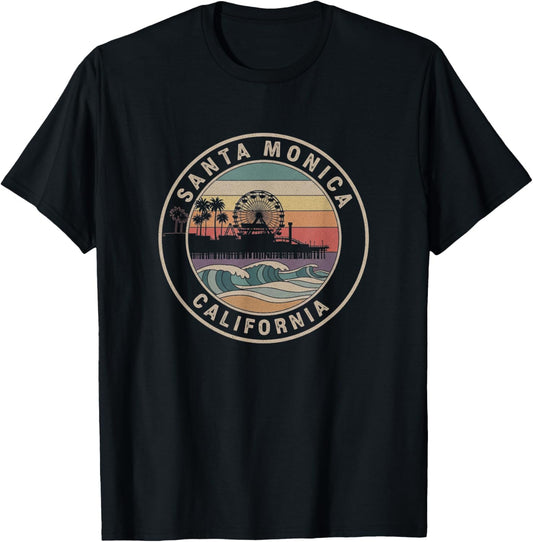 Retro Santa Monica California Drawing Art Design T-Shirt - T-Shirt | Black
