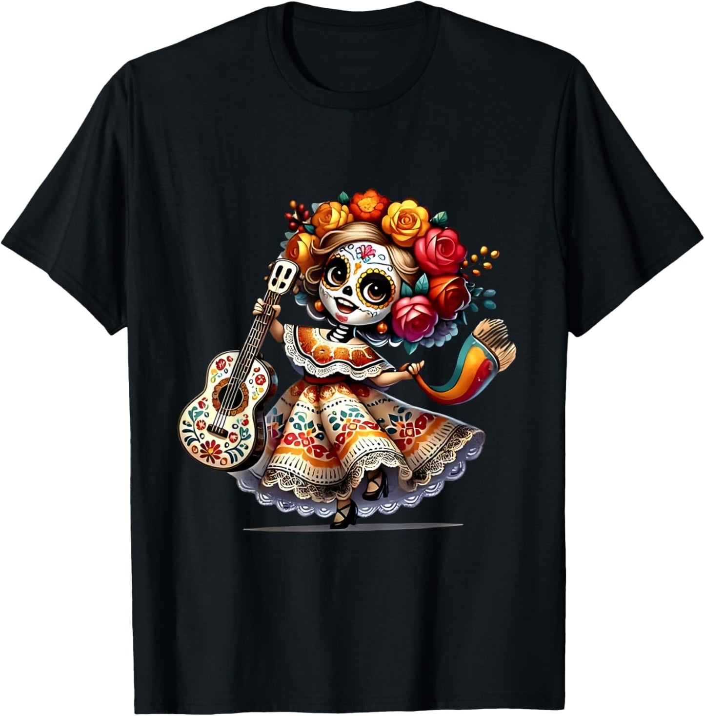 Dia De Los Muertos Girl with Guitar and Flowers T-Shirt - T-Shirt | Black