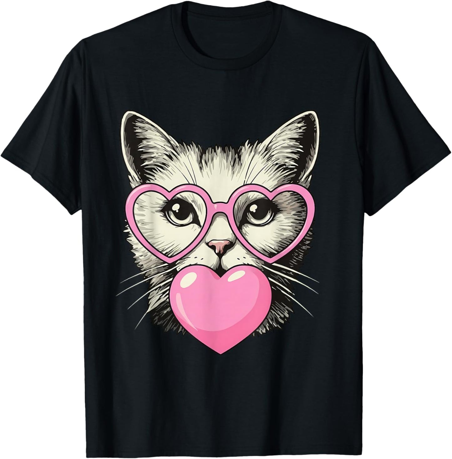 Cute Cat Blowing Pink Valentine Heart Bubble Gum T-Shirt - T-Shirt | Black