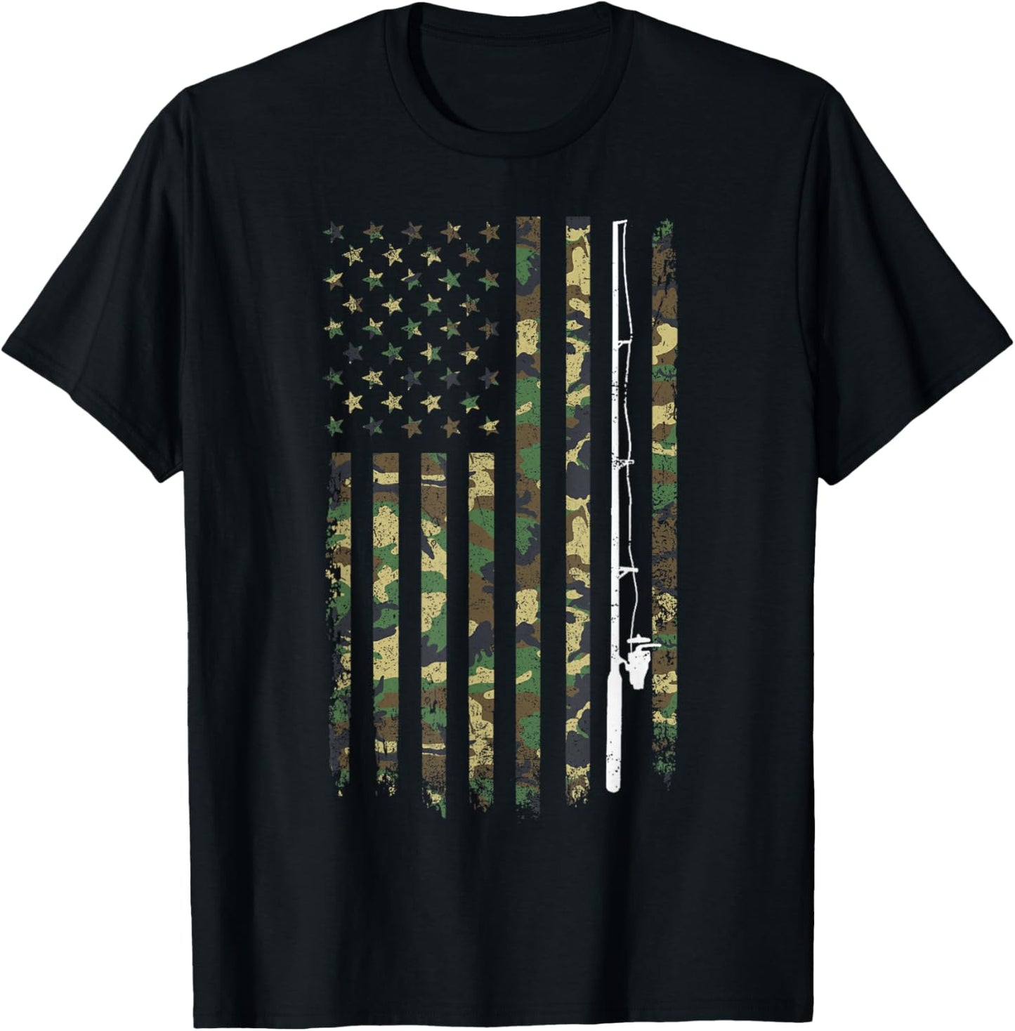Fishing Camouflage US American Flag Bass Fish Fisherman Camo T-Shirt - T-Shirt | Black