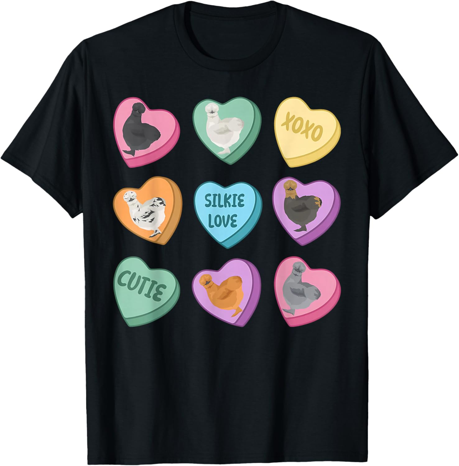 Cute Silkie Chicken Heart Candy Valentine Day Farm Animal T-Shirt - T-Shirt | Black
