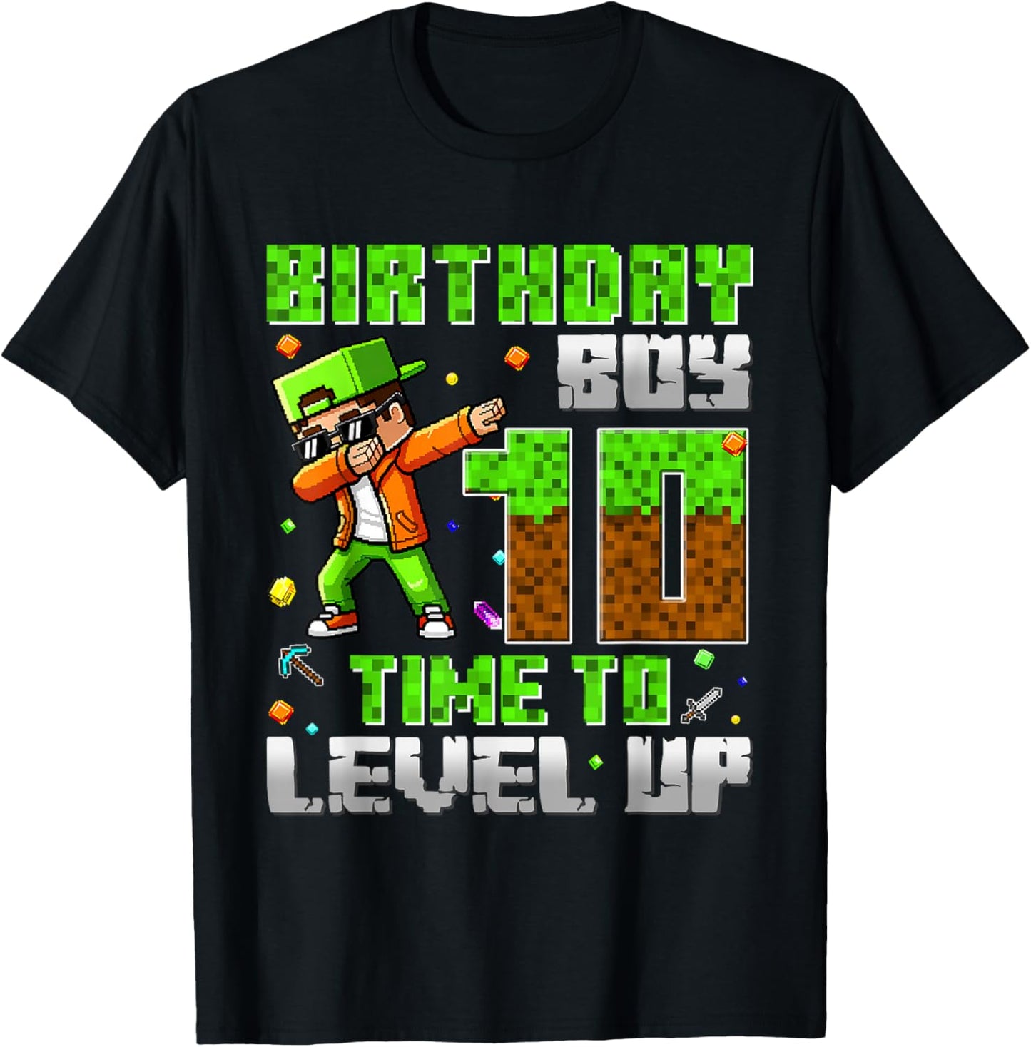 Pixel Game Dabbing Birthday Boy 10 Years Time to Level Up T-Shirt - T-Shirt | Black