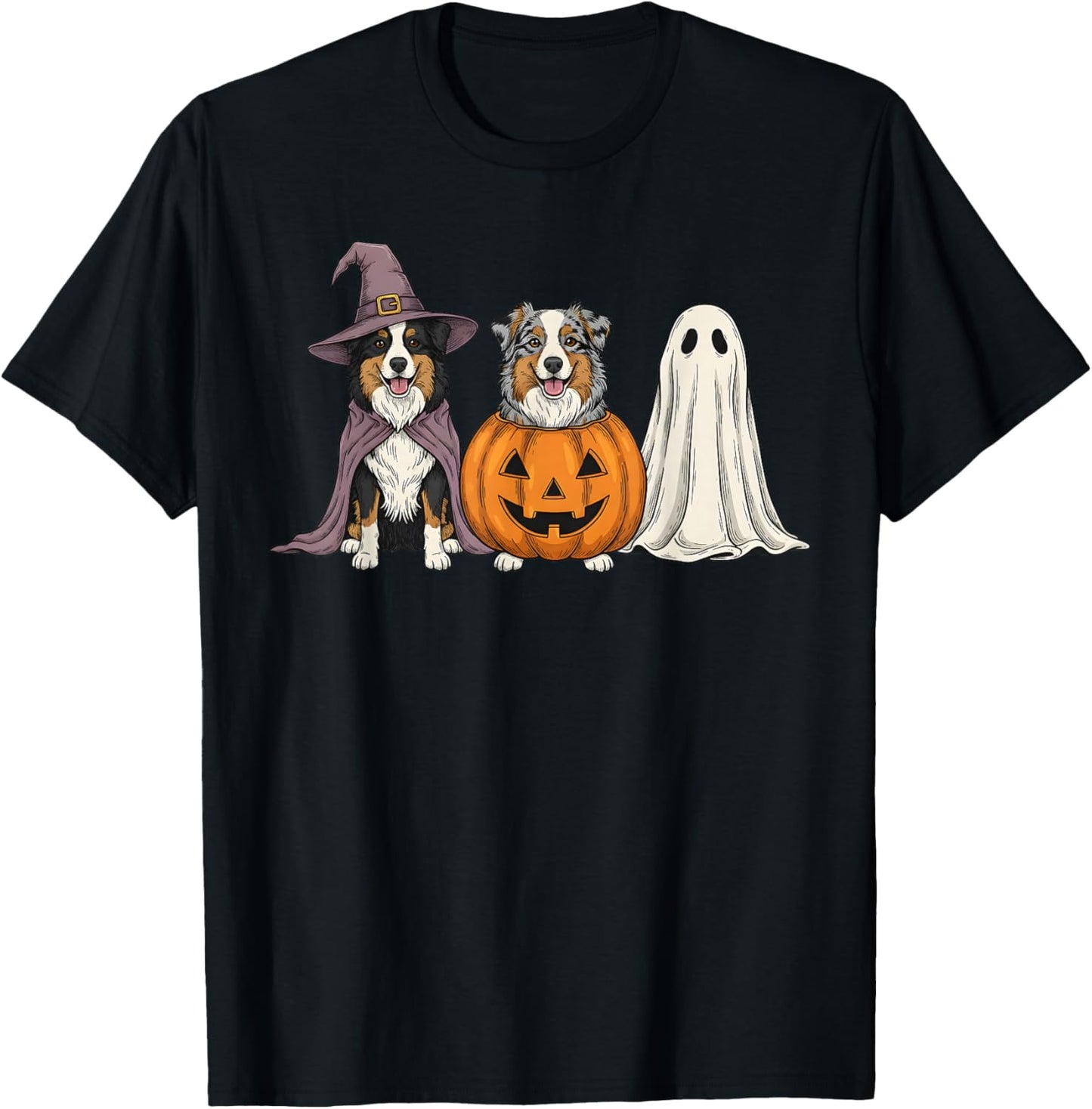 Spooky Ghost Australian Shepherd Pumpkin Halloween Dog Lover T-Shirt - T-Shirt | Black