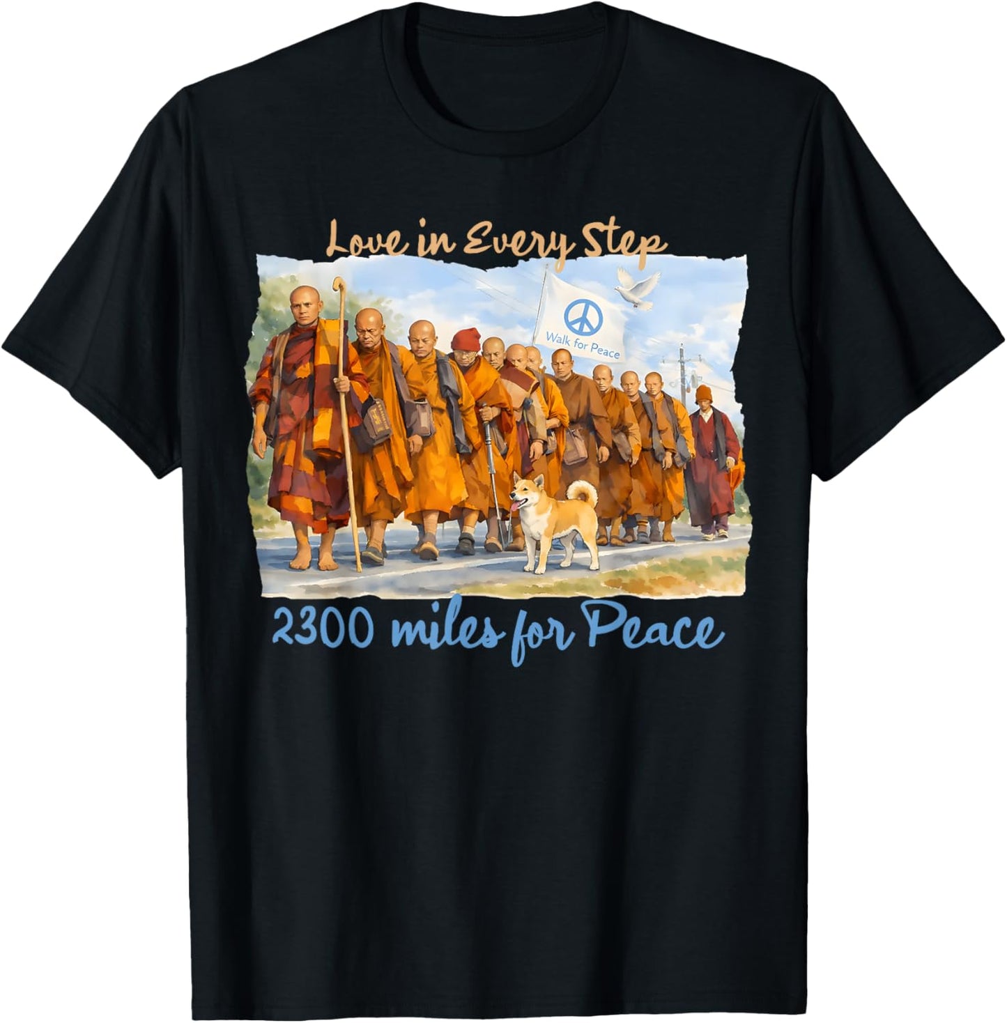 Minimalist Zen Art Walk for Peace Monks with Aloka Dog T-Shirt - T-Shirt | Black