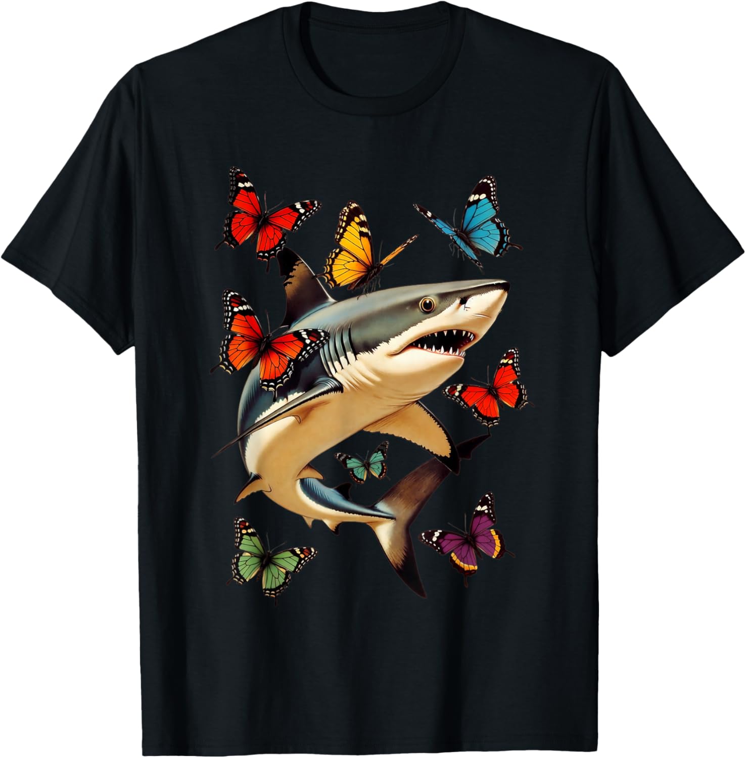 Funny Shark with Butterflies Retro Graphic Ocean Lovers T-Shirt - T-Shirt | Black