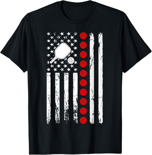 Pickleball American Flag Pickleball Player Paddleball Lover T-Shirt - T-Shirt | Black