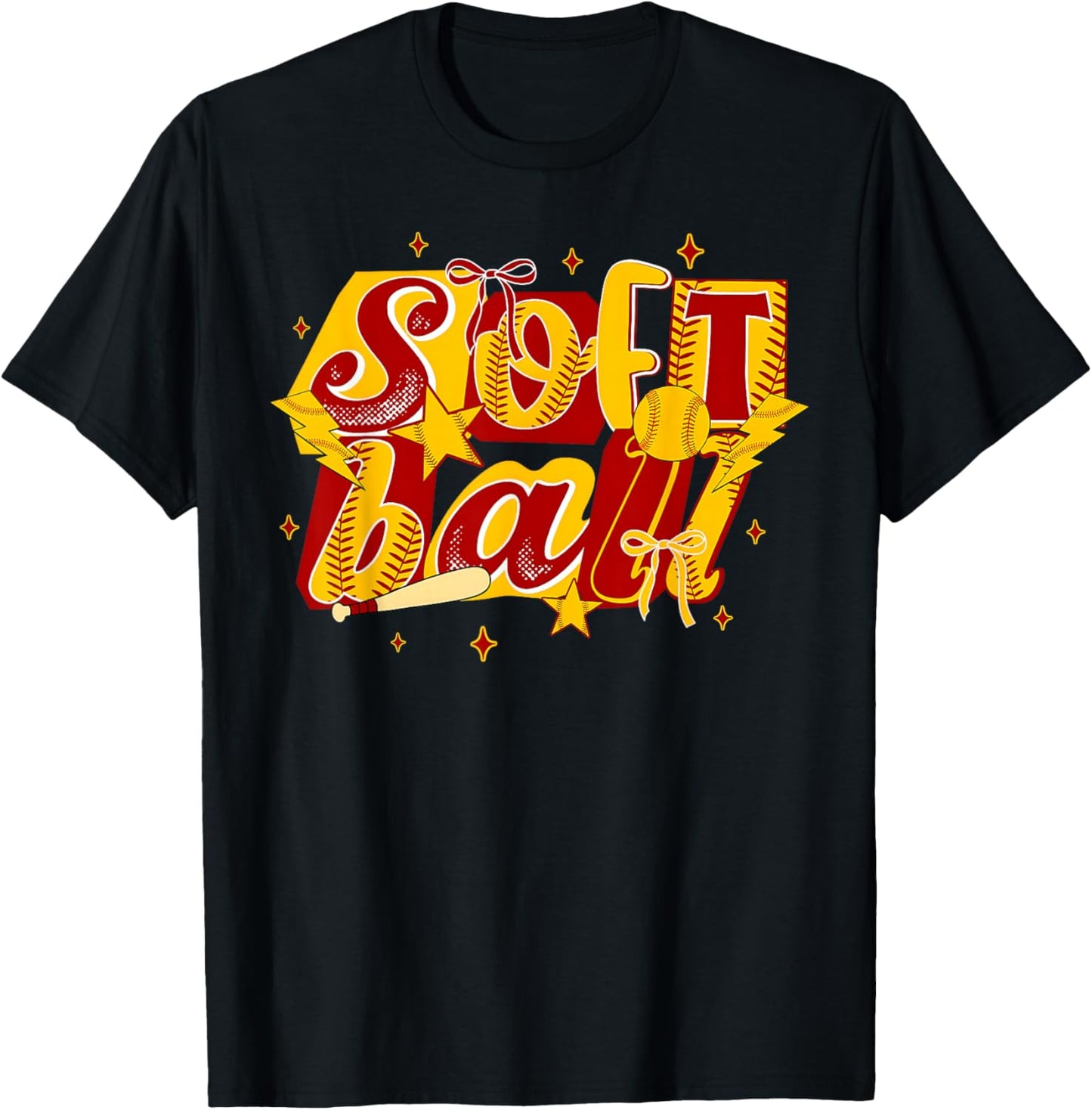 Softball Season Game Day Coquette Bow Retro Girl Women T-Shirt - T-Shirt | Black