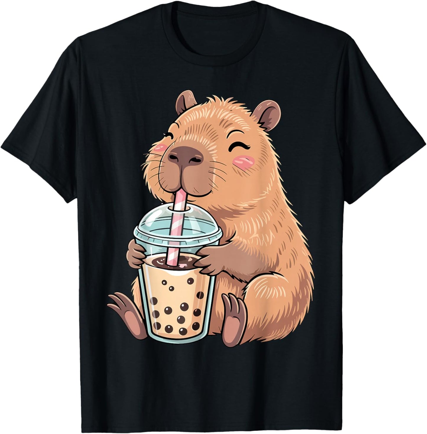 Cute Capybara Kawaii with Boba Bubble Tea T-Shirt - T-Shirt | Black