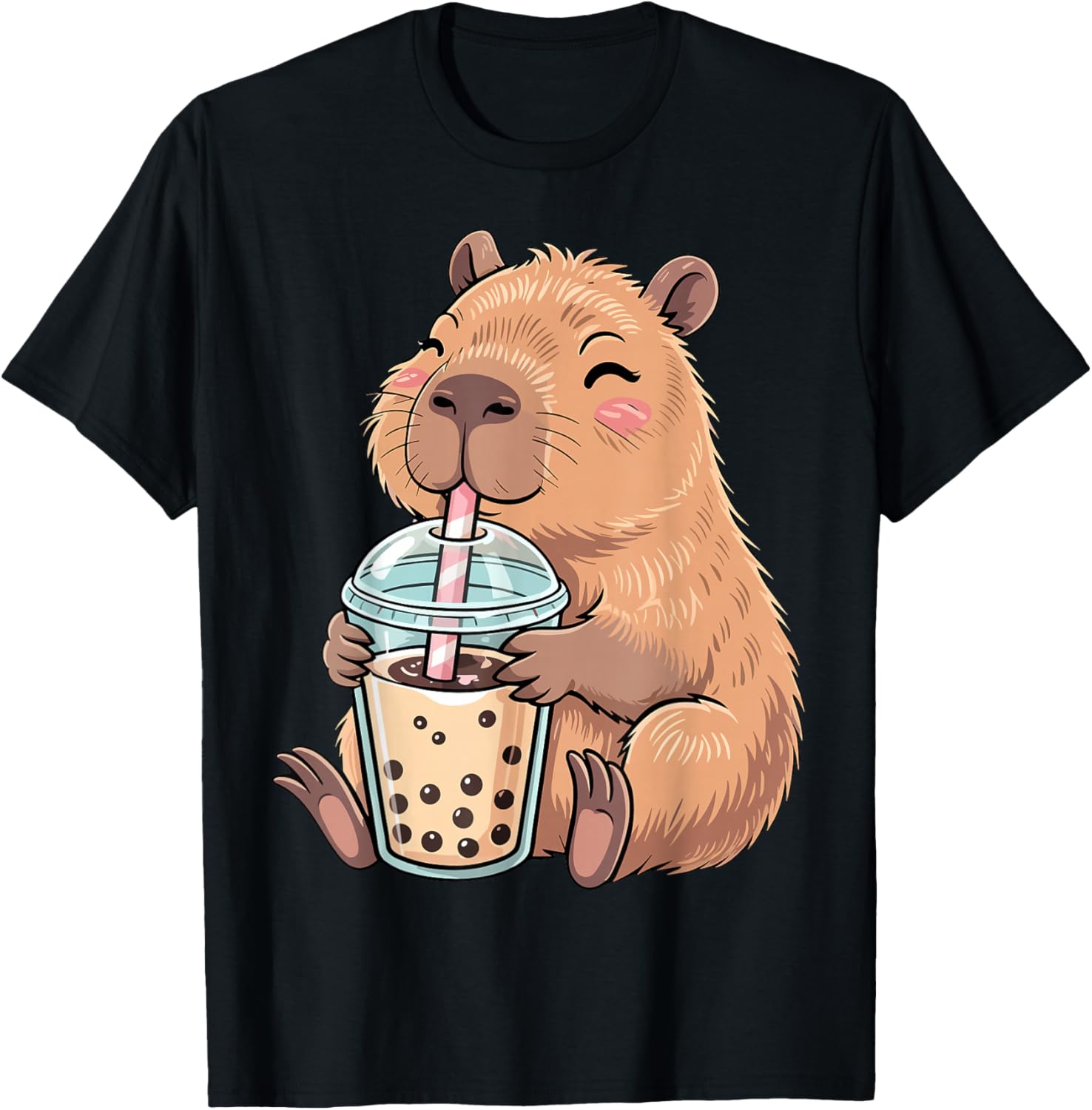 Cute Capybara Kawaii with Boba Bubble Tea T-Shirt - T-Shirt | Black