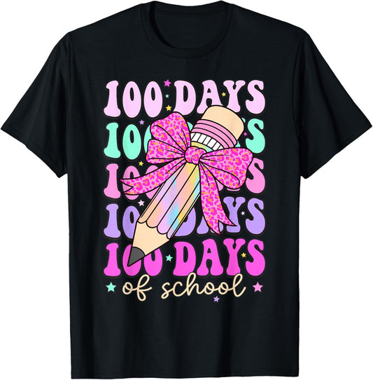 100 Days of School Girls Coquette Bow 100th Day of School T-Shirt - T-Shirt | Black