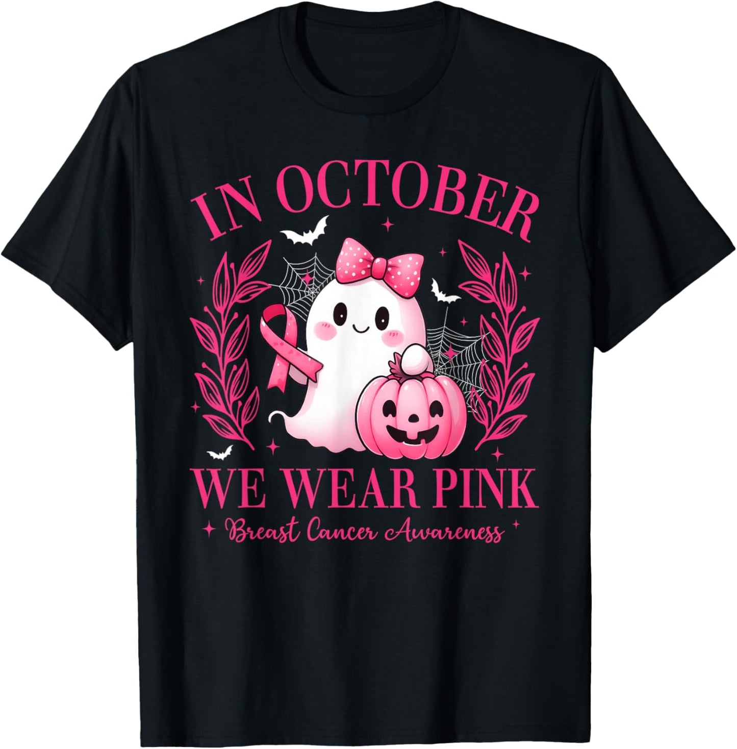 in October We Wear Pink Breast Cancer Awareness Pink Ghost T-Shirt - T-Shirt | Black