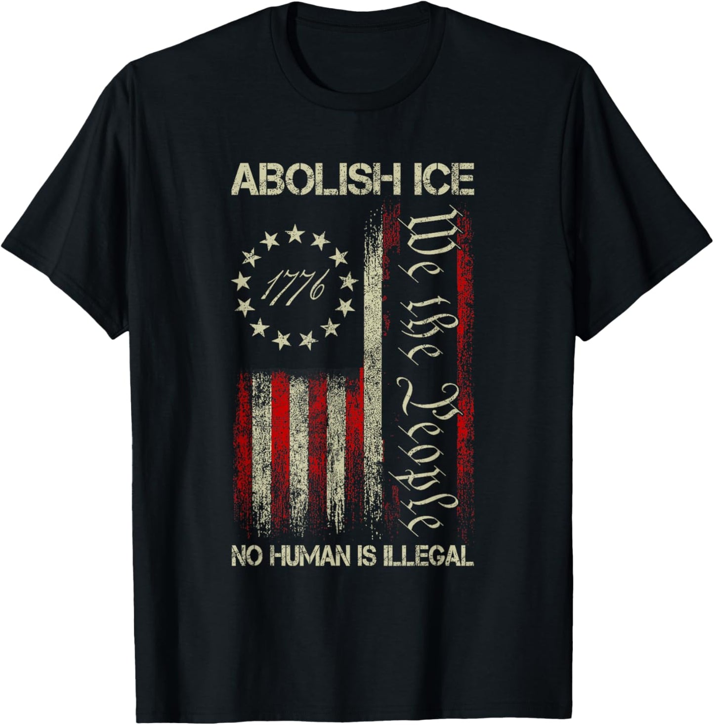Vintage Abolish ICE No Human is Illegal US Flag Men Women T-Shirt - T-Shirt | Black