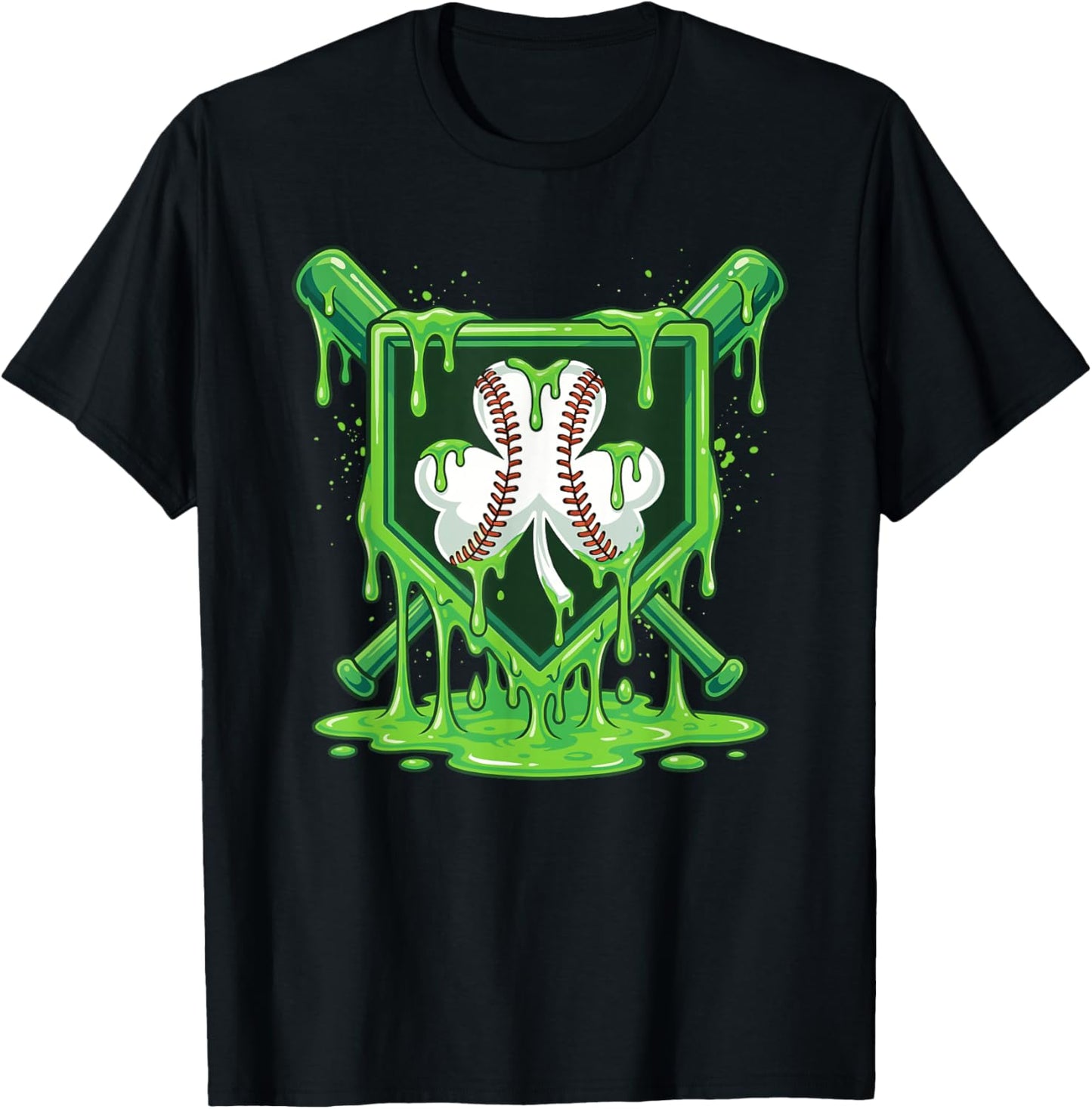 St Patrick Day Baseball Drip Ice Cream Baseball Shamrock Men T-Shirt - T-Shirt | Black