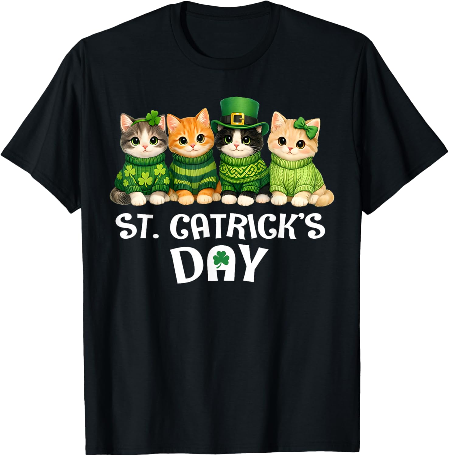Cute Catricks St Patricks Day Cats Saint Women Girls Kids T-Shirt - T-Shirt | Black