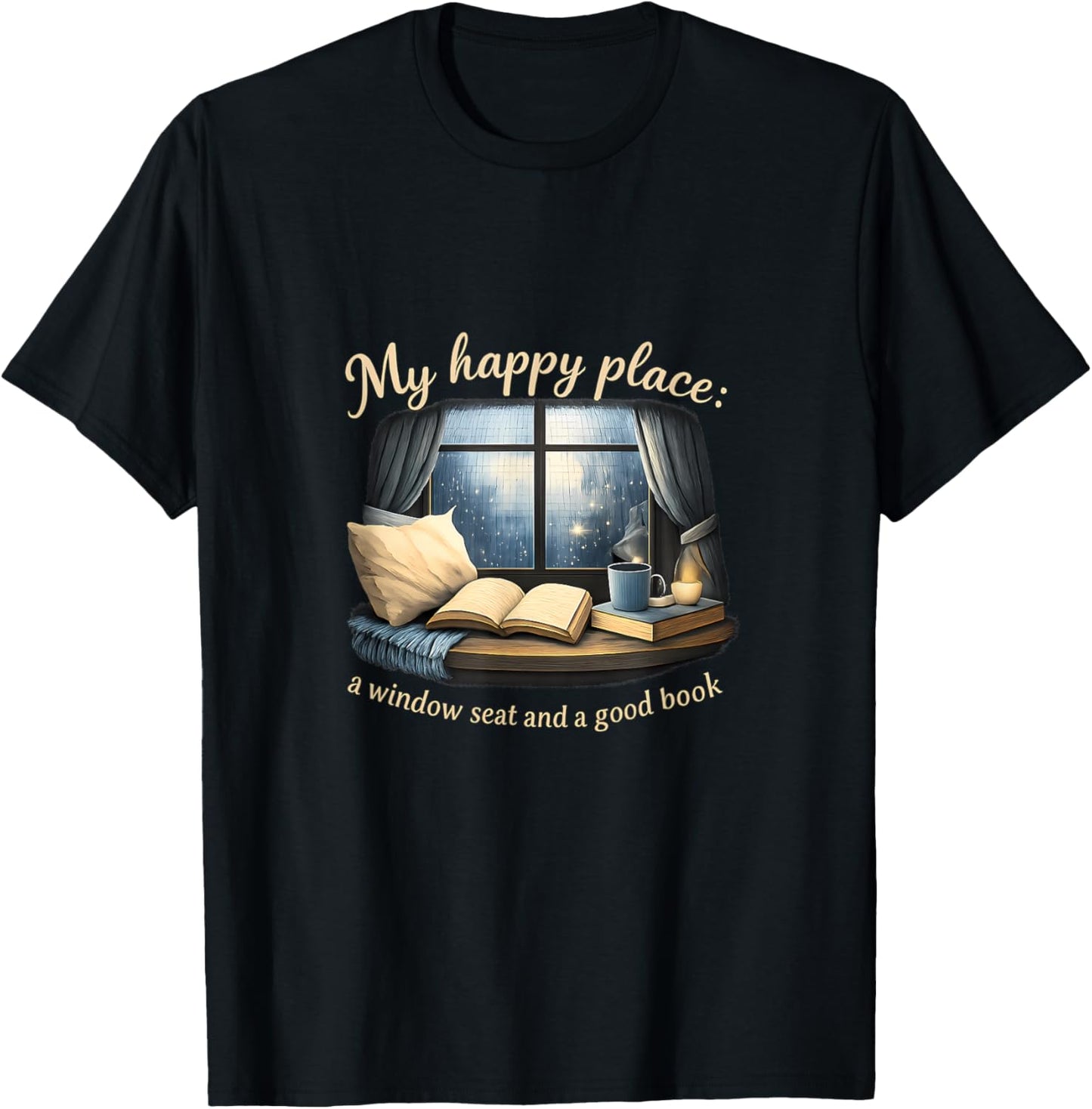 Cozy Book Lover Window Seat Happy Place Quote T-Shirt - T-Shirt | Black