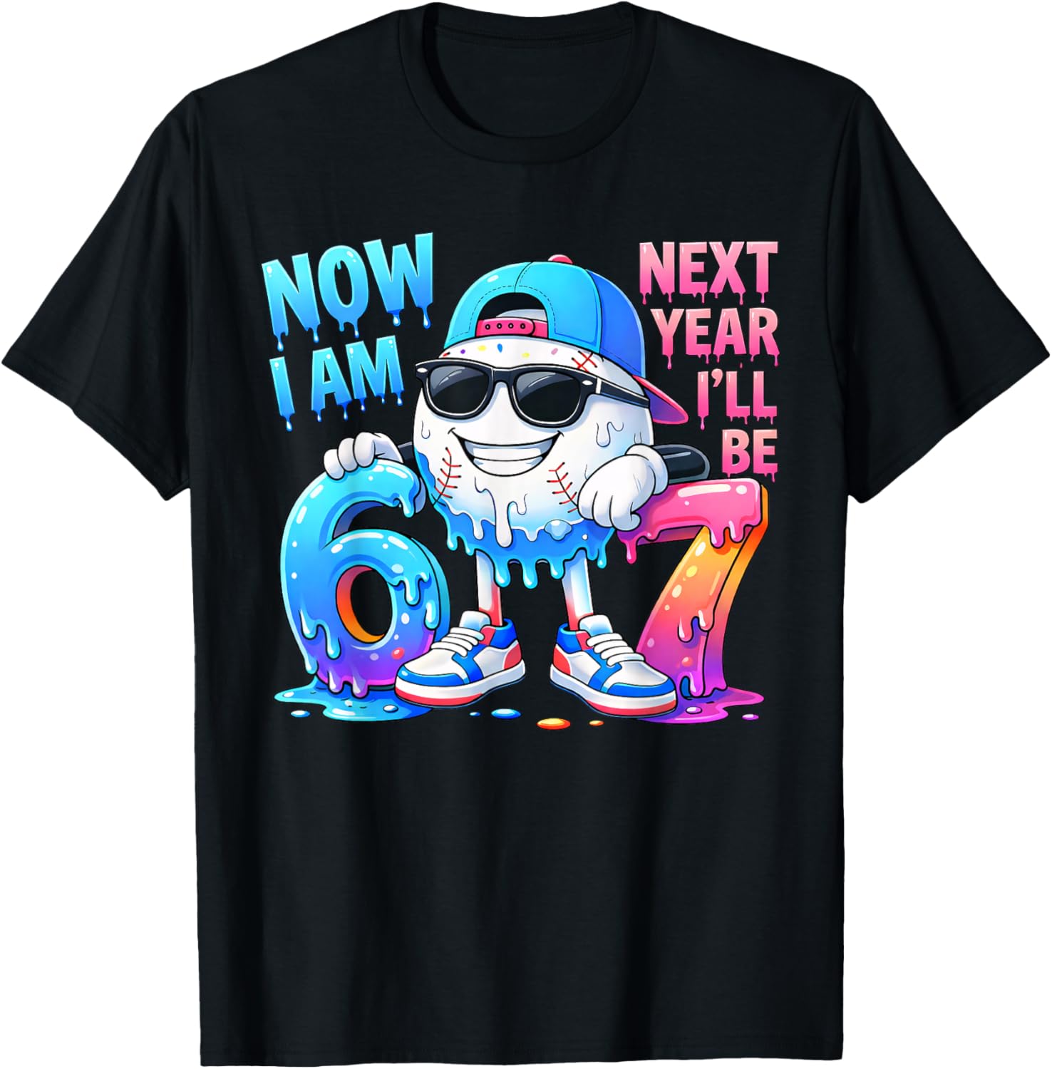 6th Birthday Boy Baseball Ice Cream Drip 67 Meme 6 Year Old T-Shirt - T-Shirt | Black