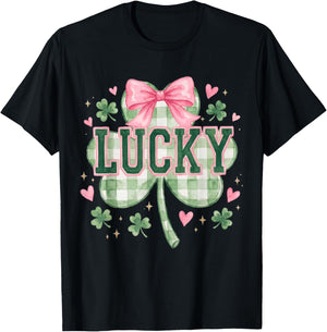 Vintage Coquette Bow Lucky Shamrock Clover St Patricks Day T-Shirt - T-Shirt | Black