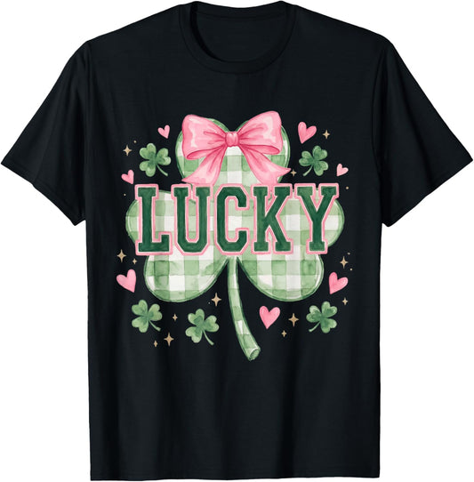 Vintage Coquette Bow Lucky Shamrock Clover St Patricks Day T-Shirt - T-Shirt | Black