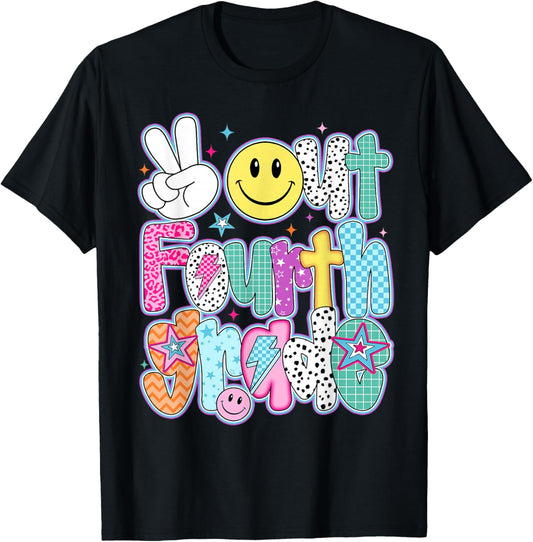 Peace Out Fourth Grade Happy Last Day of School Funny Retro T-Shirt - T-Shirt | Black