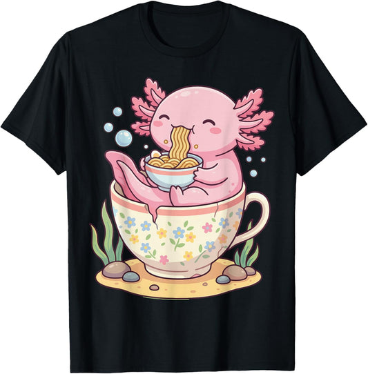Kawaii Axolotl Teacup Ramen Anime Aesthetic T-Shirt - T-Shirt | Black