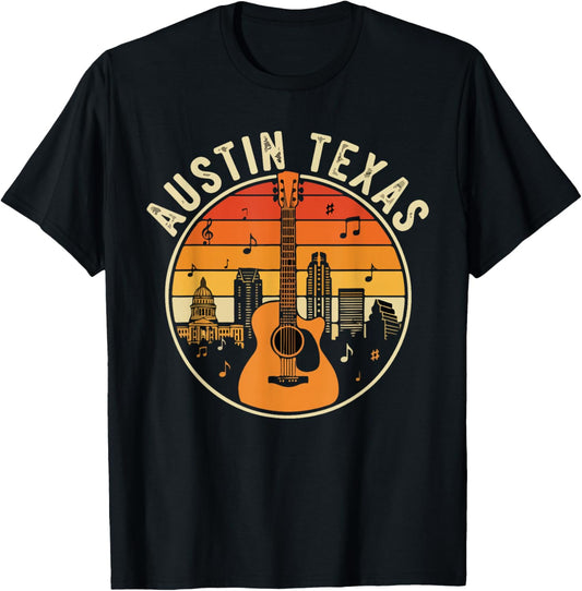 Austin Texas Guitar Vintage Men Women Kids T-Shirt - T-Shirt | Black
