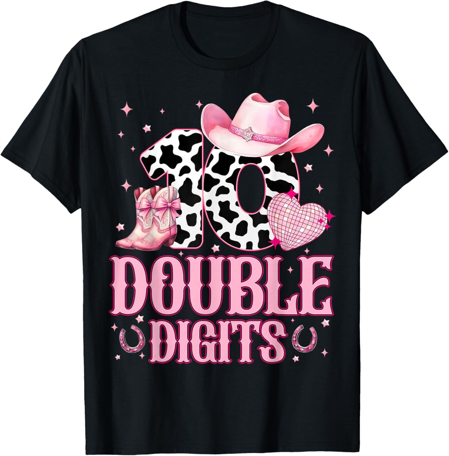 Kids 10th Birthday Girl Western Cowgirl Boots Double Digits T-Shirt - T-Shirt | Black