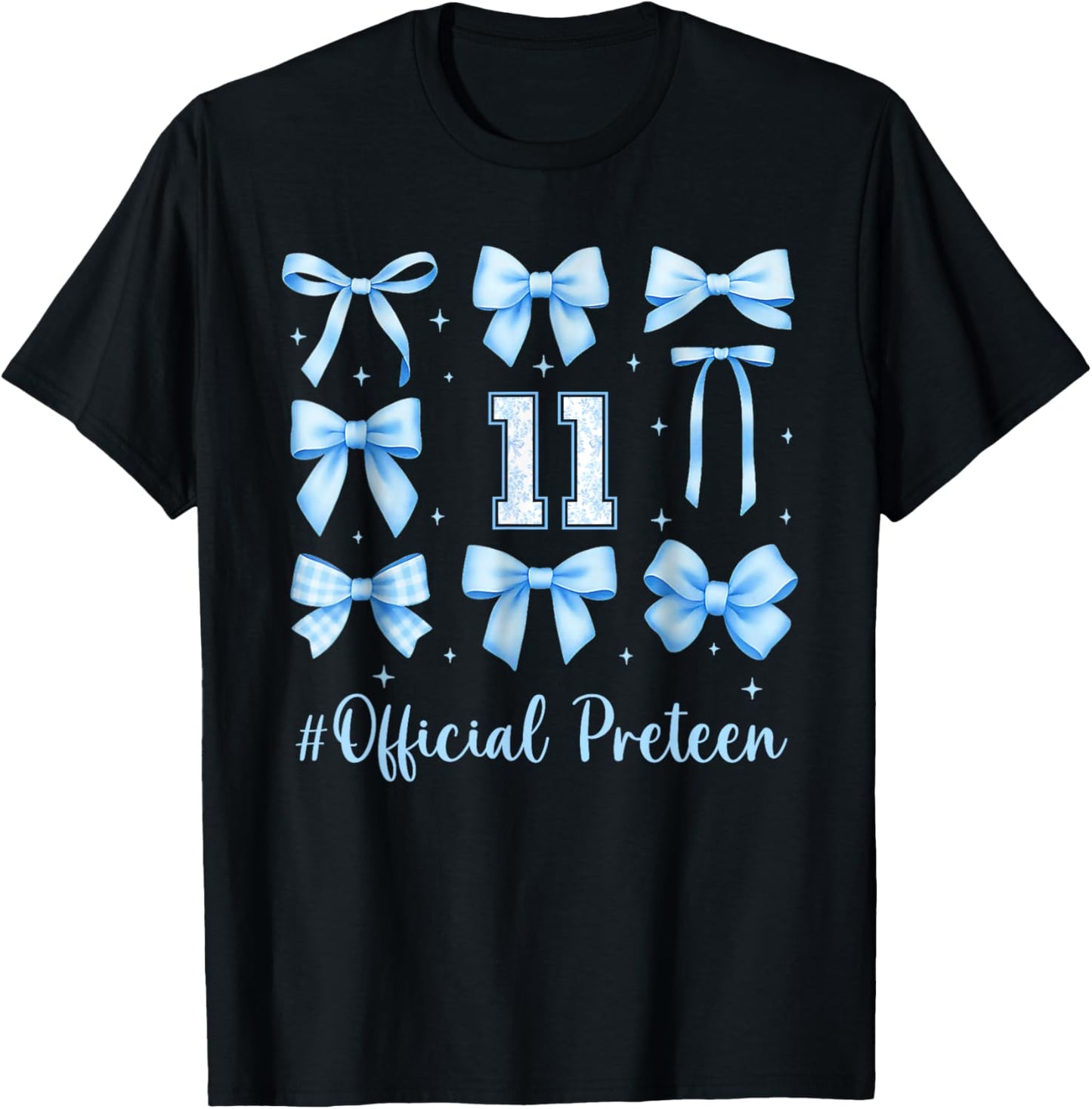 11th Birthday Girl Blue Floral Coquette Bow 11 Year Old T-Shirt - T-Shirt | Black