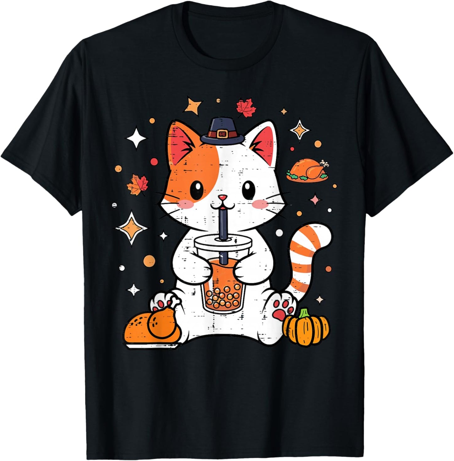 Thanksgiving Cat Boba Bubble Milk Tea Fall Girls Kids Women T-Shirt - T-Shirt | Black