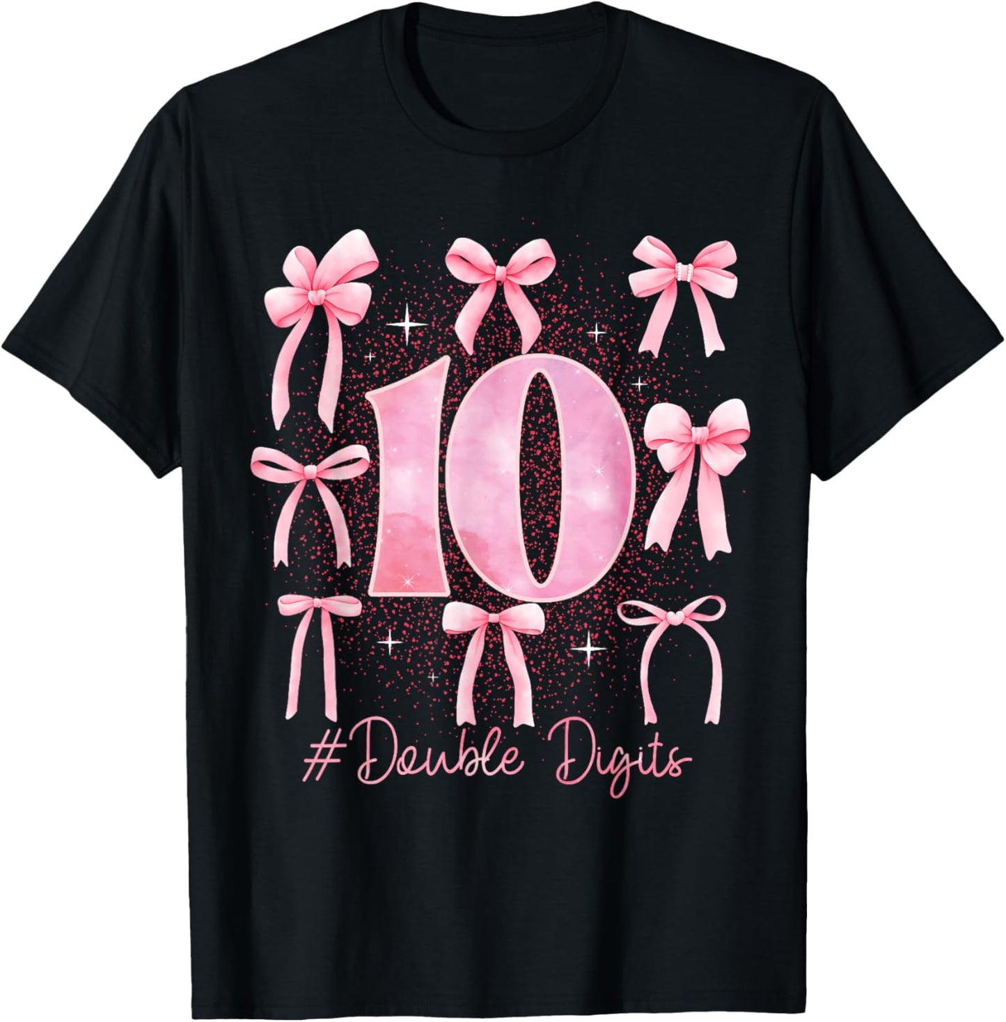 Double Digits Birthday Girl 10th Birthday Coquette Bow Pink T-Shirt - T-Shirt | Black