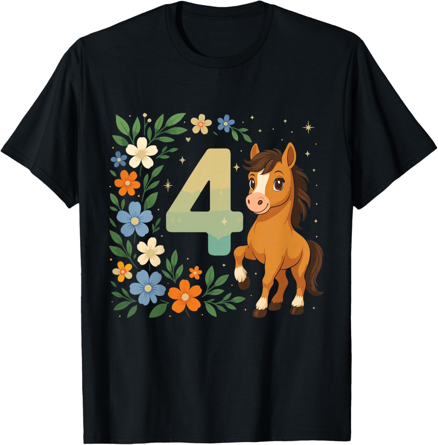 4th Birthday Girl Pony Horse Flowers 4 Years Old T-Shirt - T-Shirt | Black