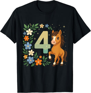 4th Birthday Girl Pony Horse Flowers 4 Years Old T-Shirt - T-Shirt | Black