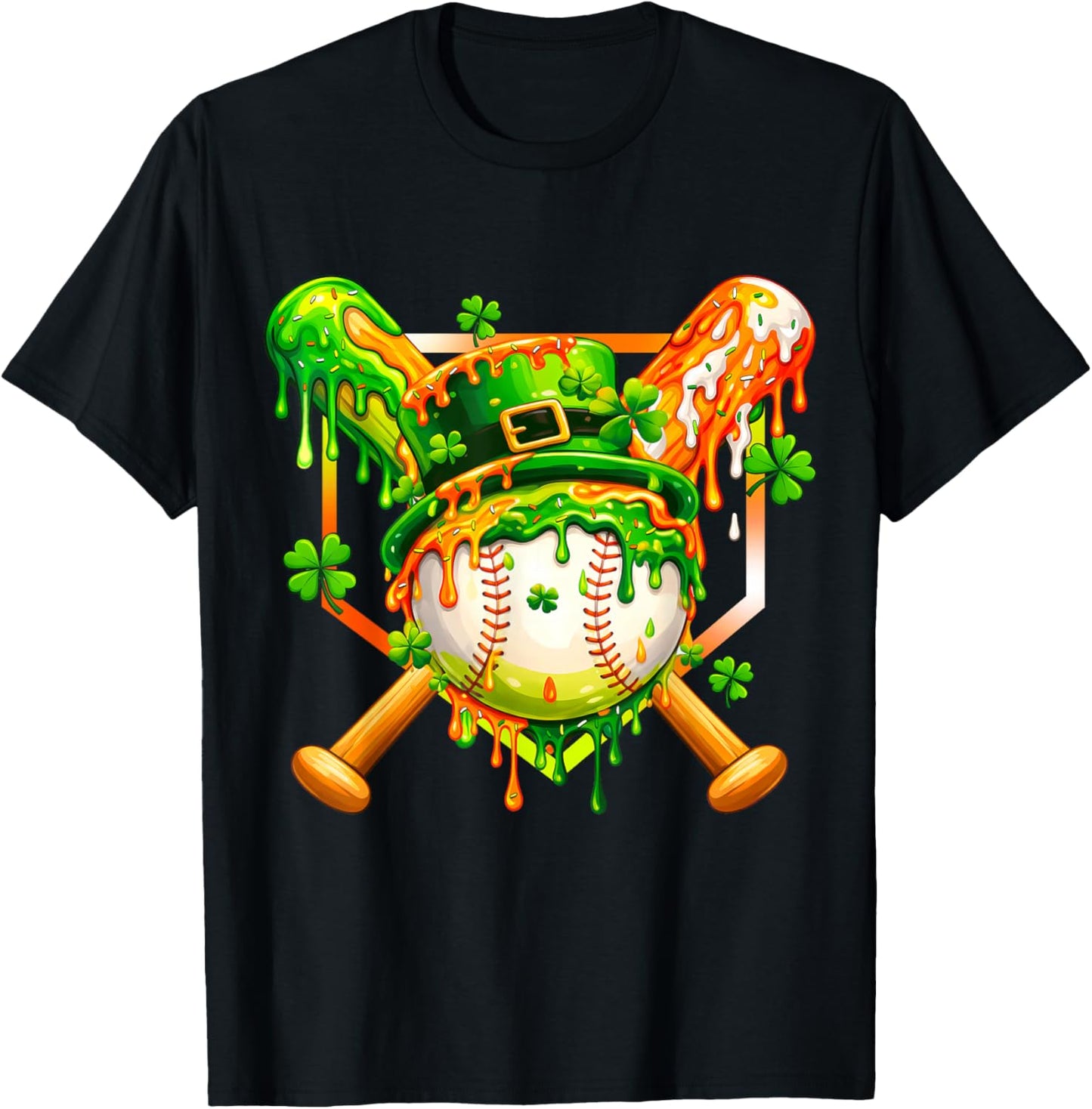 Kids St Patricks Day Baseball Drip Ice Cream Boys Shamrock T-Shirt - T-Shirt | Black