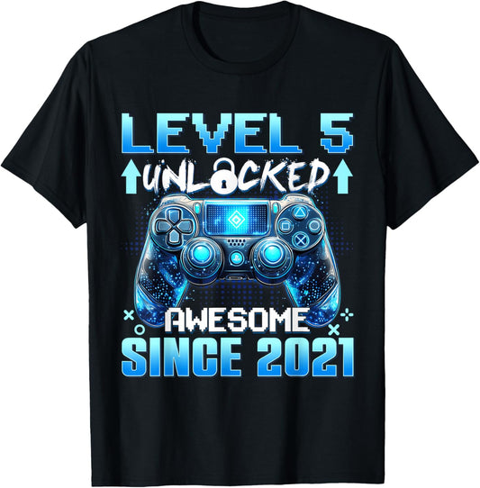 5 Years Old Level 5 Unlocked Awesome 2021 5th Birthday Boys T-Shirt - T-Shirt | Black