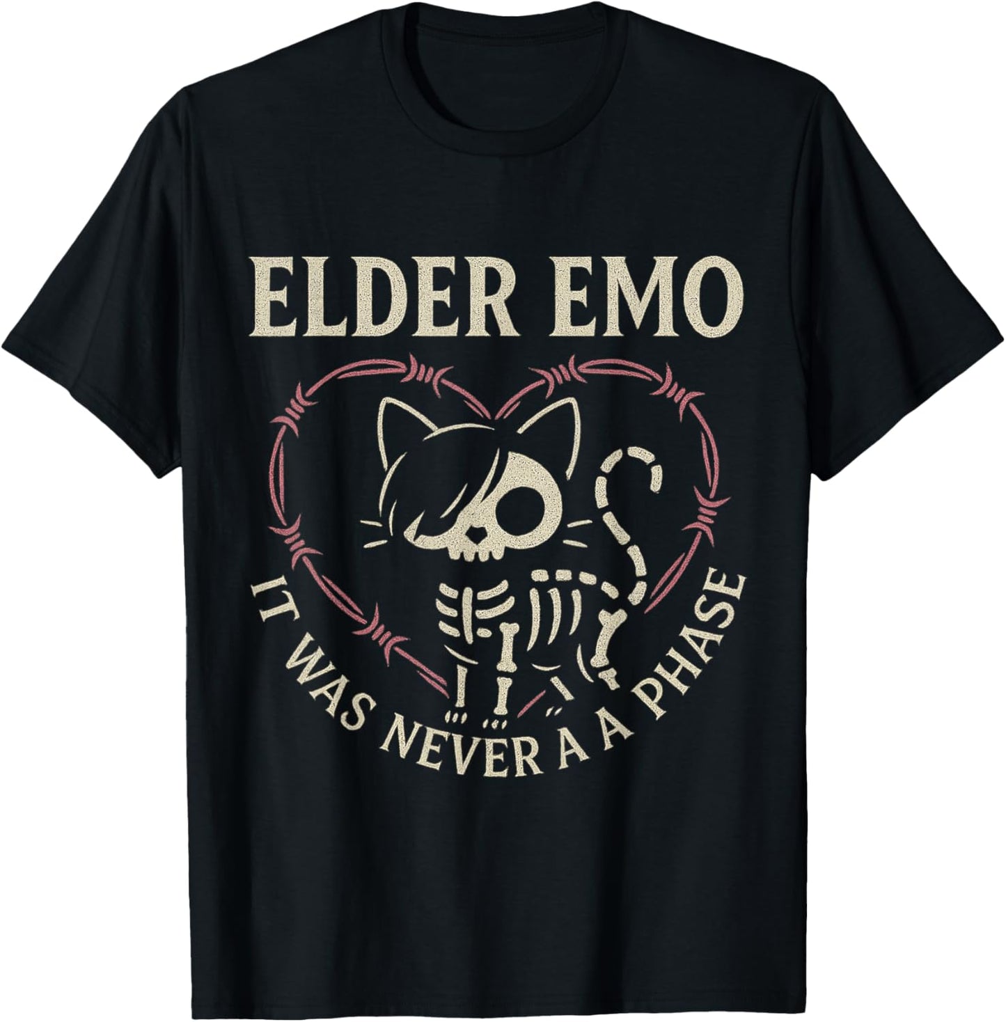 Elder Emo Never A Phase - Cat Skeleton Goth Music Design T-Shirt - T-Shirt | Black