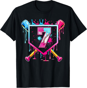 7th Birthday Boys Baseball Ice Cream Drip Boys Baseball T-Shirt - T-Shirt | Black