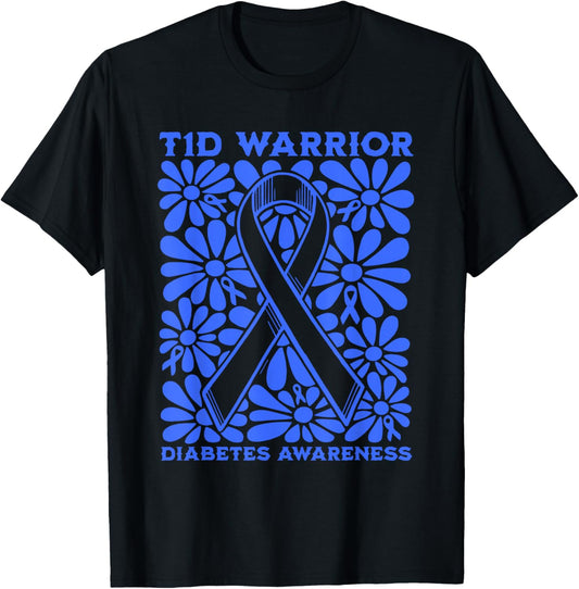T1D Warrior Diabetes Awareness Ribbon Blue Ribbon Support T-Shirt - T-Shirt | Black