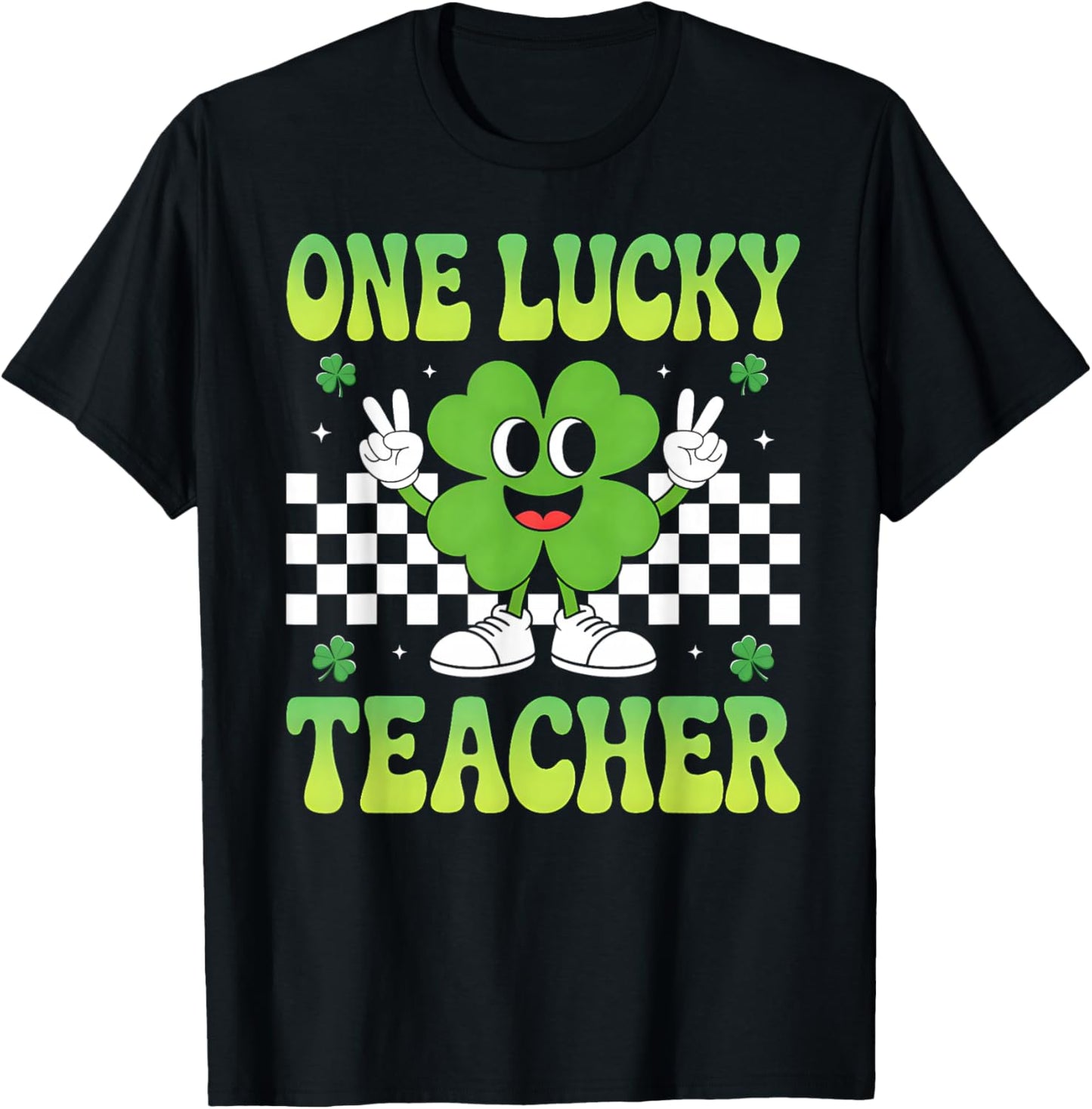 Groovy One Lucky Teacher Retro Shamrock St Patricks Day T-Shirt - T-Shirt | Black