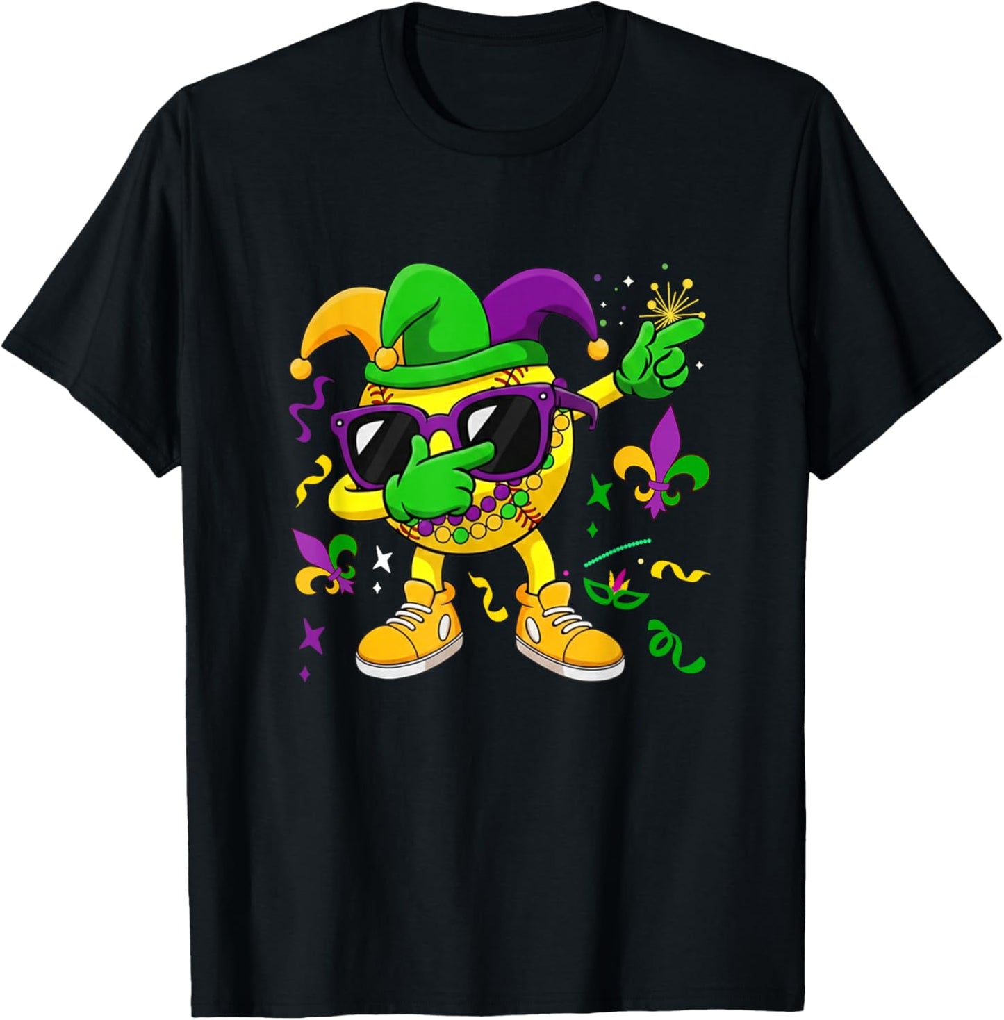 Softball Equipment Player Mardi Gras Beads Jester Hat Lover T-Shirt - T-Shirt | Black
