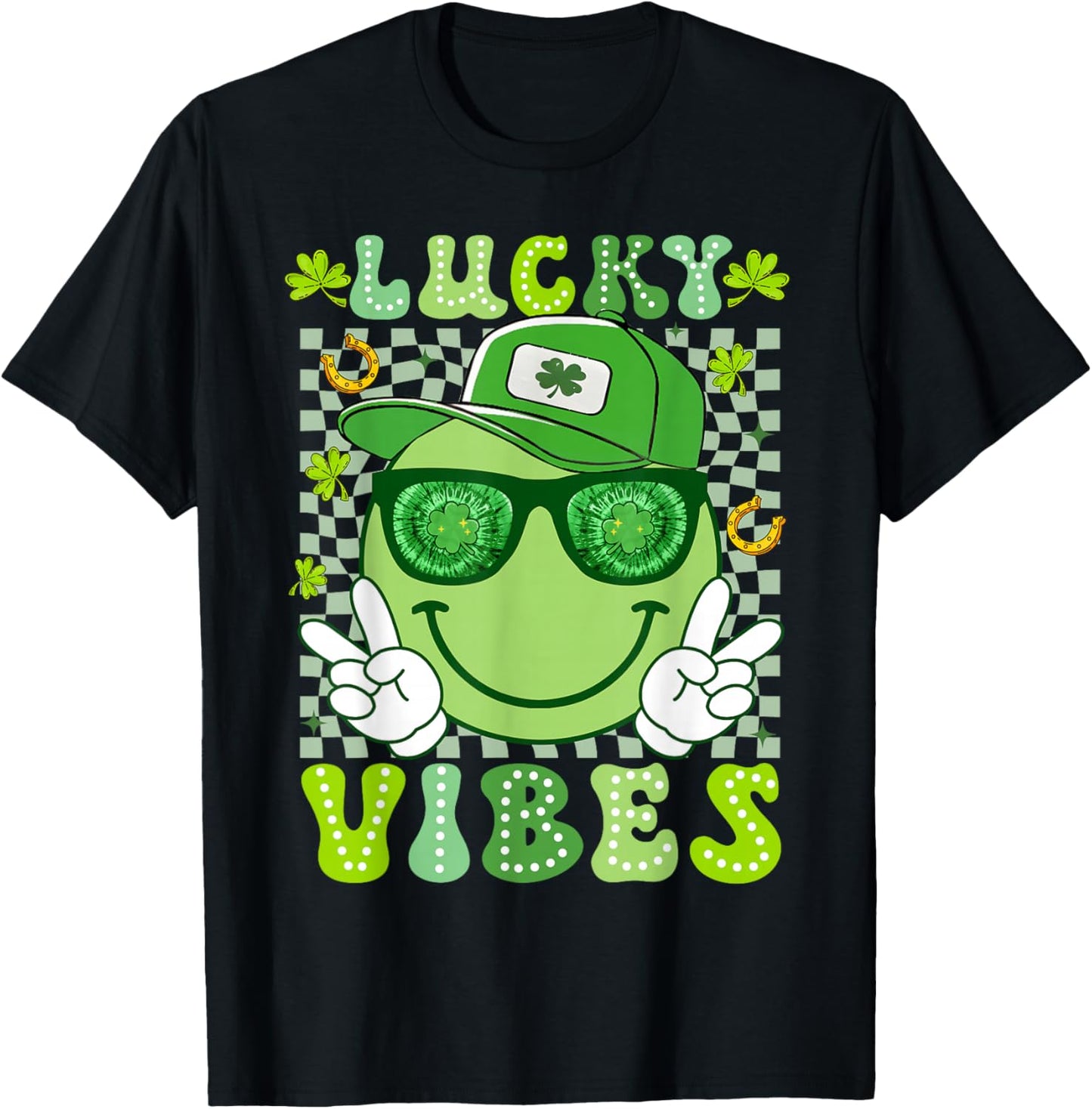 Funny Lucky Vibes Smile Face St Patricks Day Men Women Kid T-Shirt - T-Shirt | Black