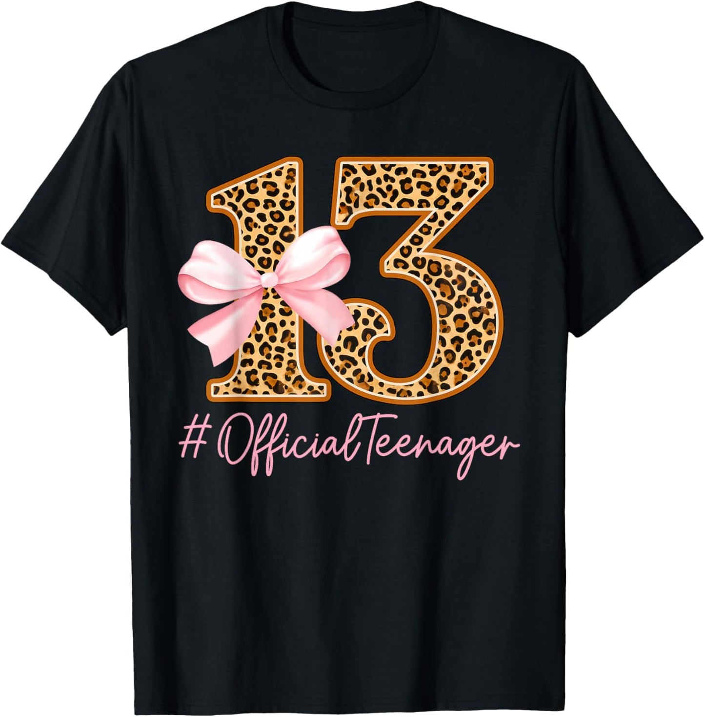 13th Birthday Girl Pink Coquette Bow Leopard 13 Year Old T-Shirt - T-Shirt | Black