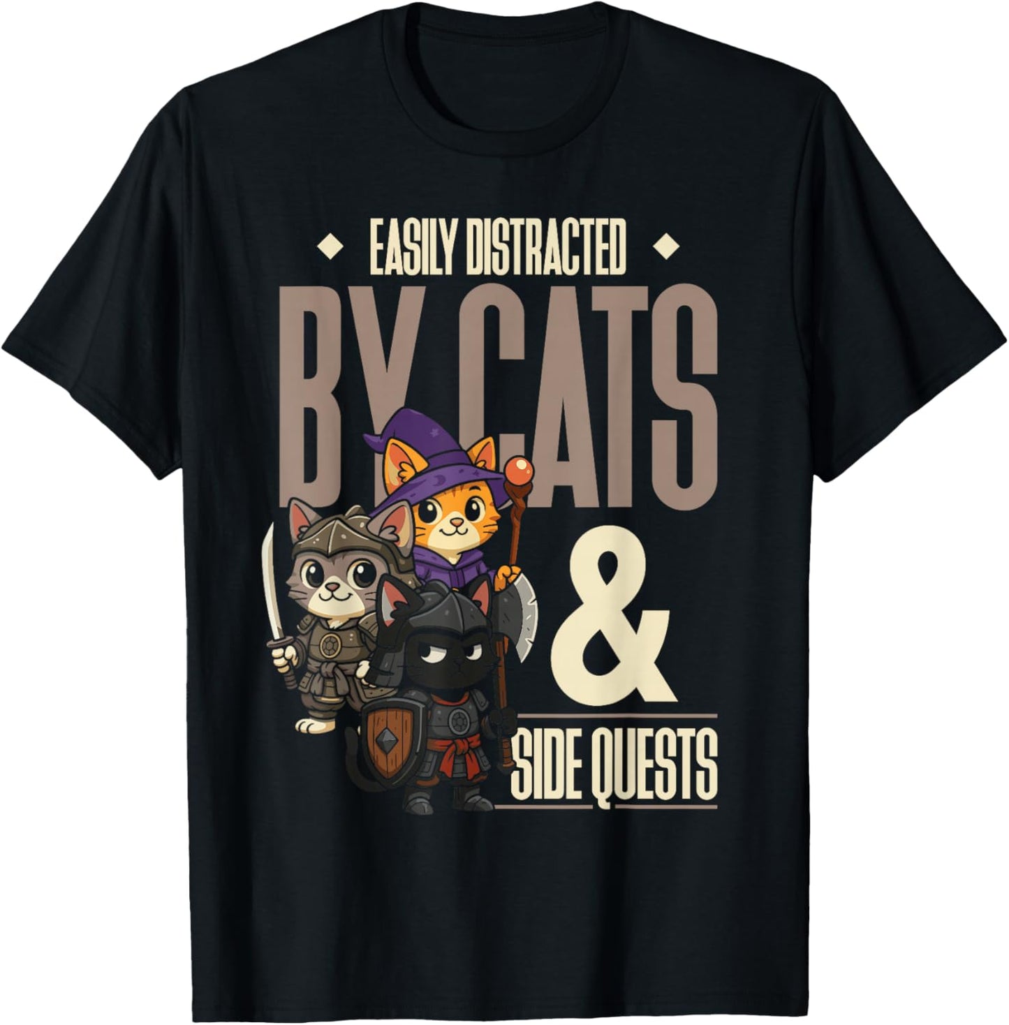 Easily Distracted Cats Side Quest Funny RPG Video Game Gamer T-Shirt - T-Shirt | Black
