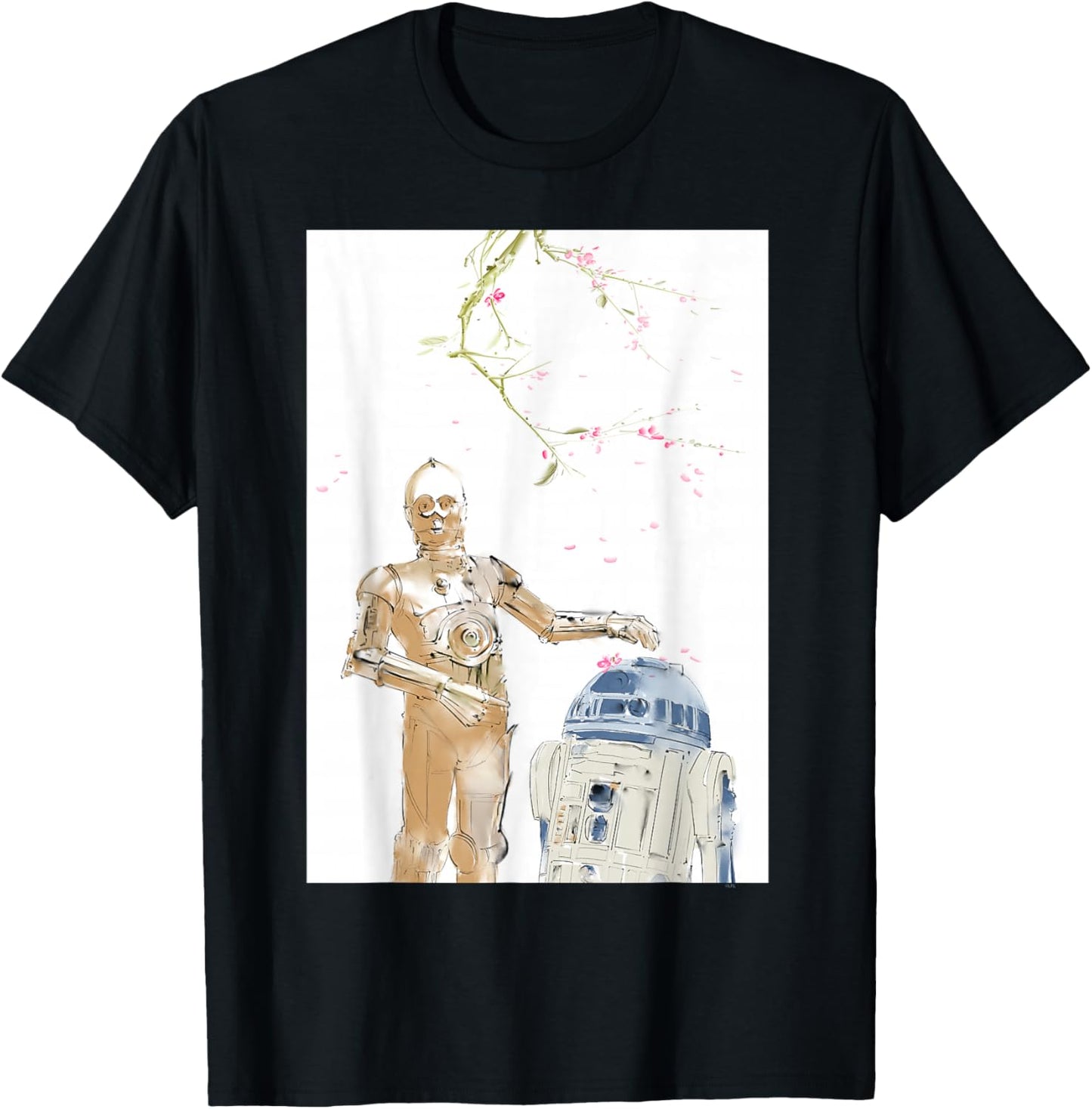 Star Wars R2-D2 and C-3PO Spring Cherry Blossoms Sakura Art T-Shirt - T-Shirt | Black