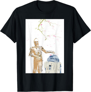 Star Wars R2-D2 and C-3PO Spring Cherry Blossoms Sakura Art T-Shirt - T-Shirt | Black