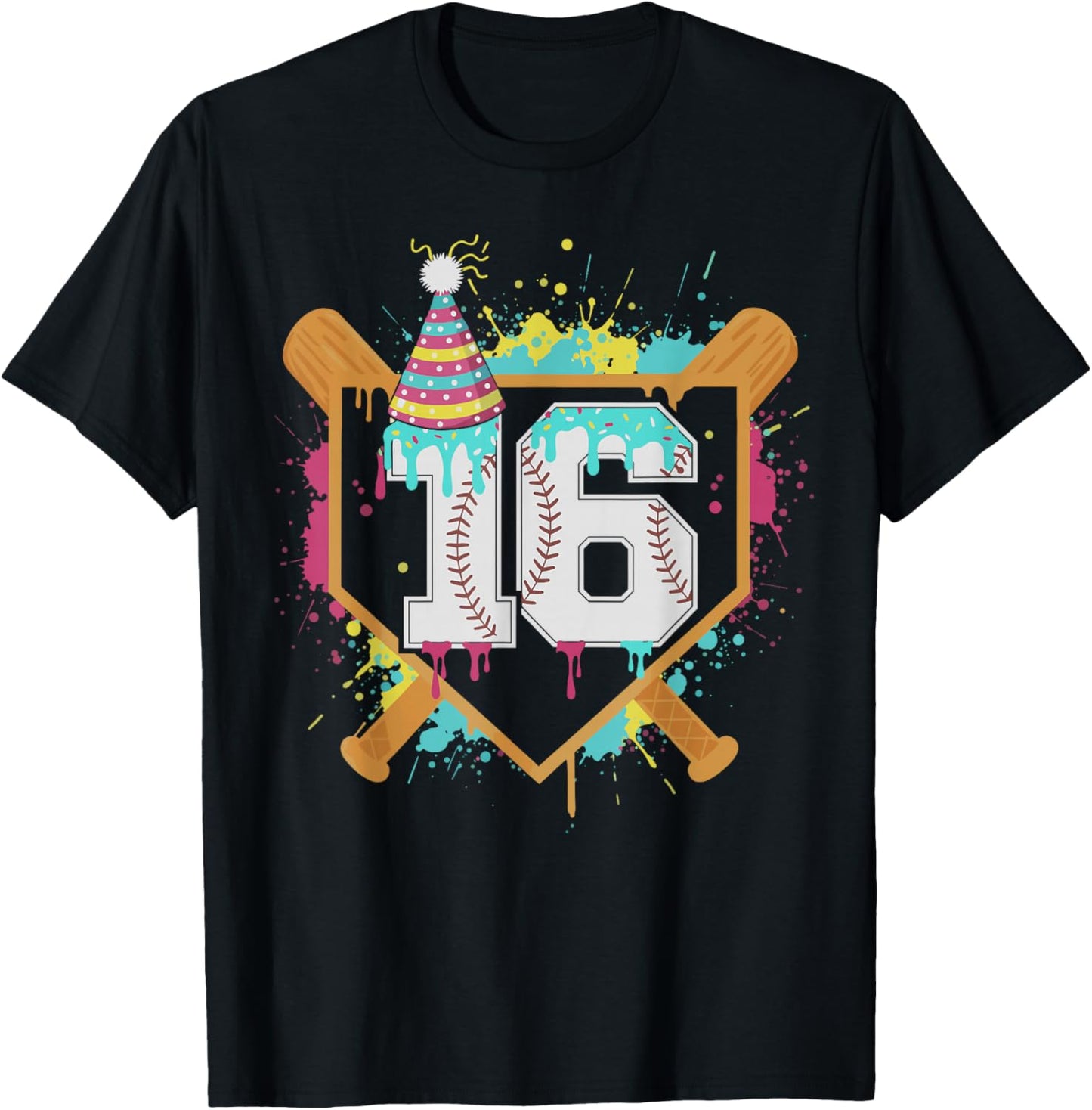 16th Birthday Baseball Drip Number 16 Year Old Birthday Boy T-Shirt - T-Shirt | Black