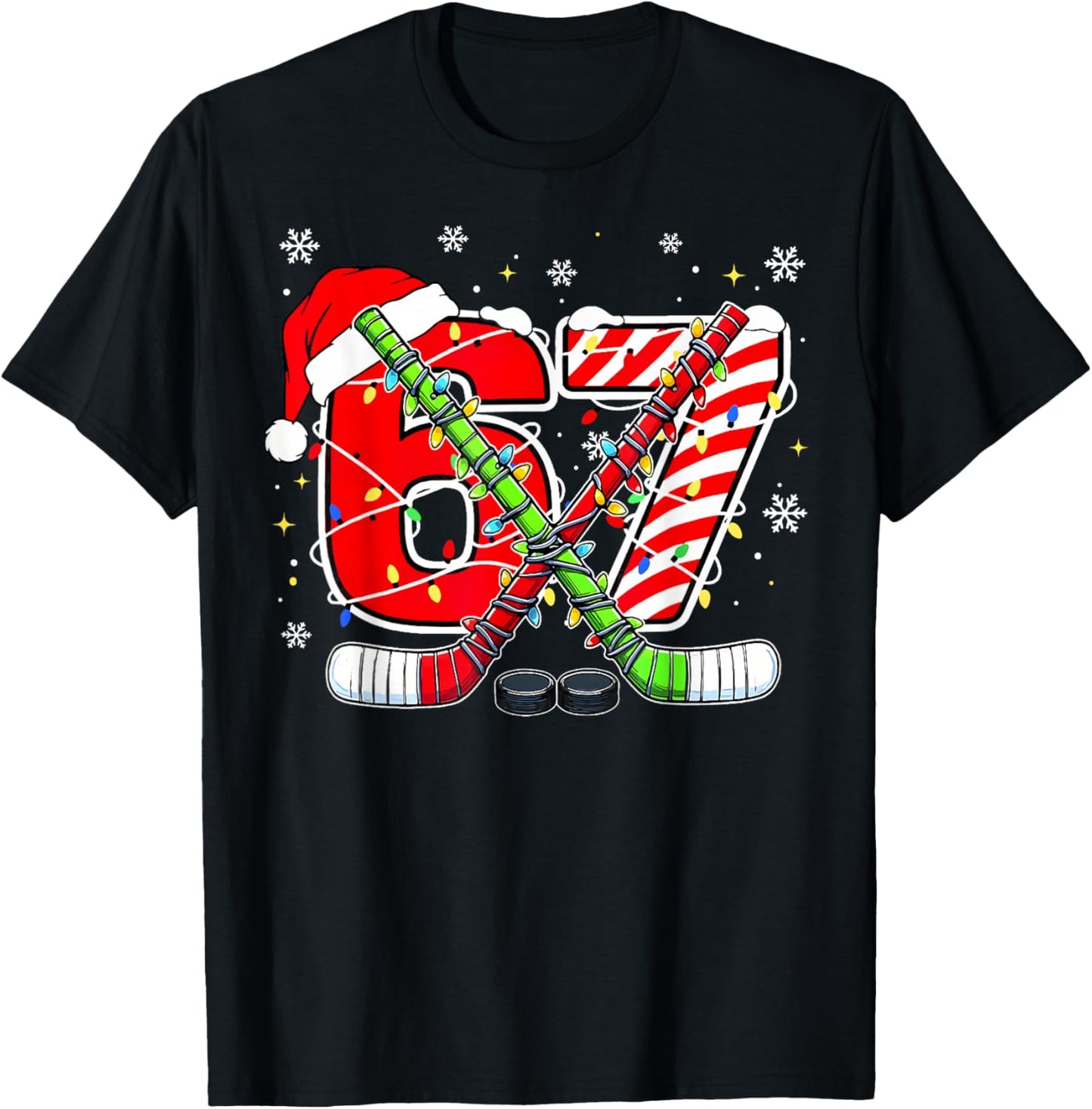 Funny 67 Santa Hat Candy Cane Ice Hockey Six Seven Christmas T-Shirt - T-Shirt | Black