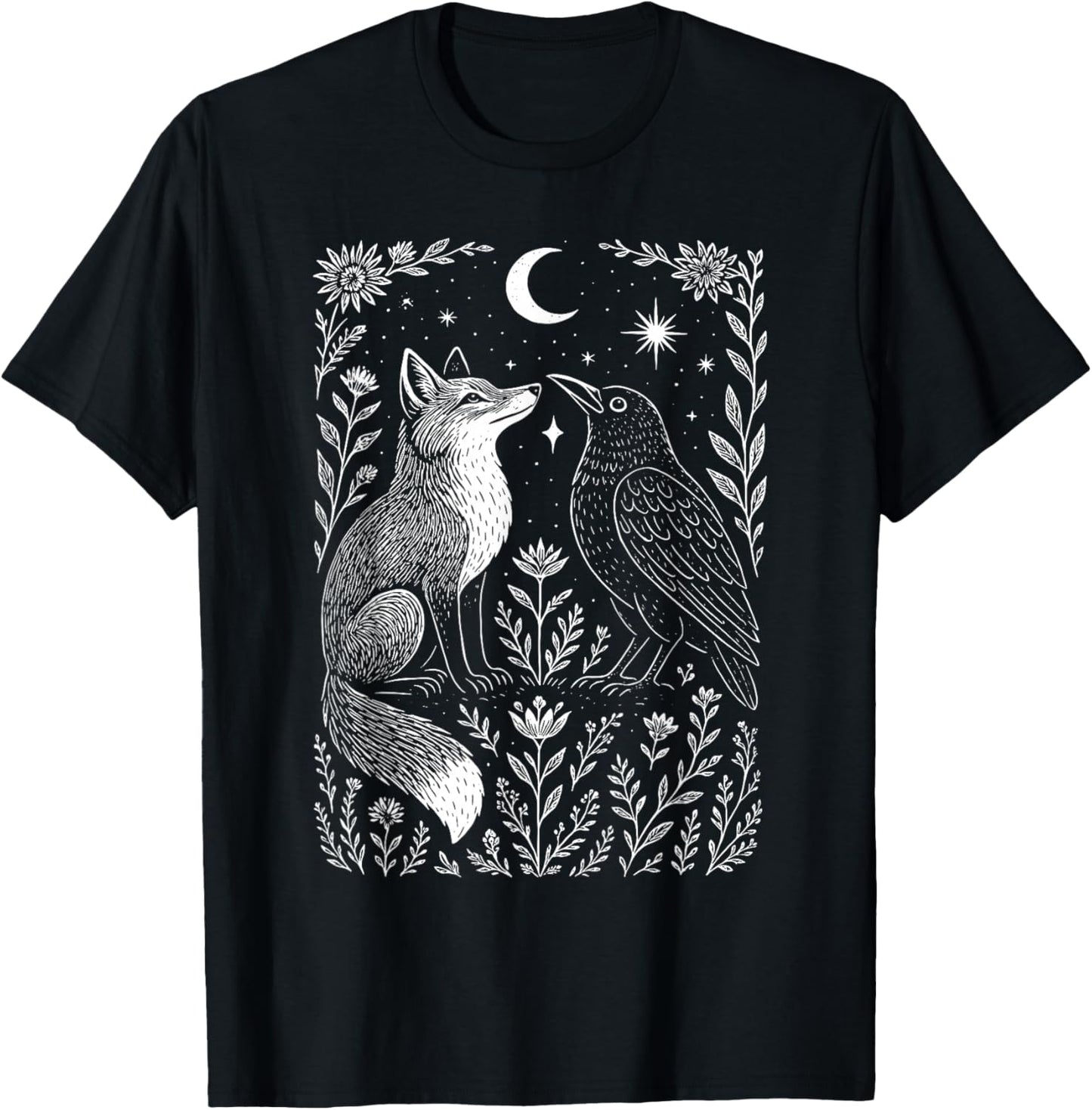 Celestial Floral Fox & Crow Moon Astrology Wildlife Nature T-Shirt - T-Shirt | Black