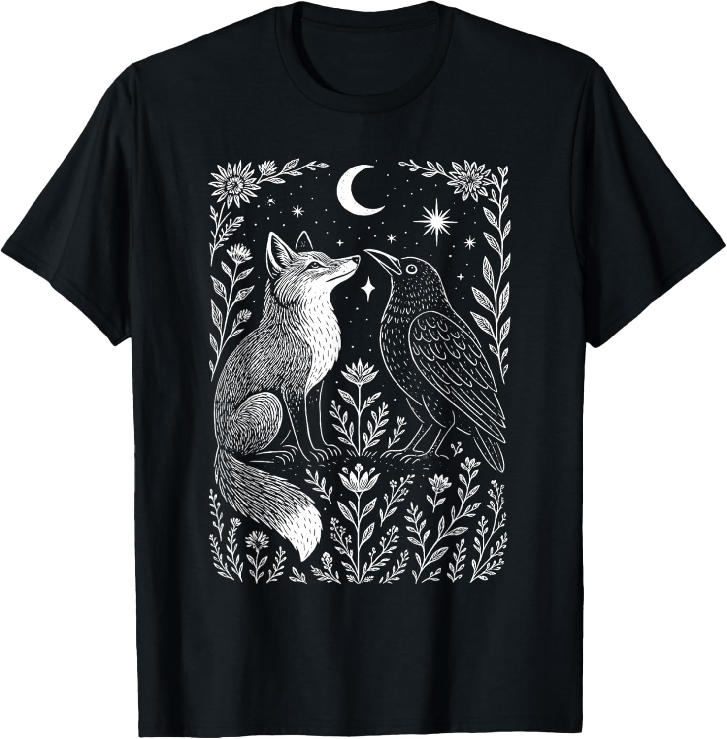 Celestial Floral Fox & Crow Moon Astrology Wildlife Nature T-Shirt - T-Shirt | Black