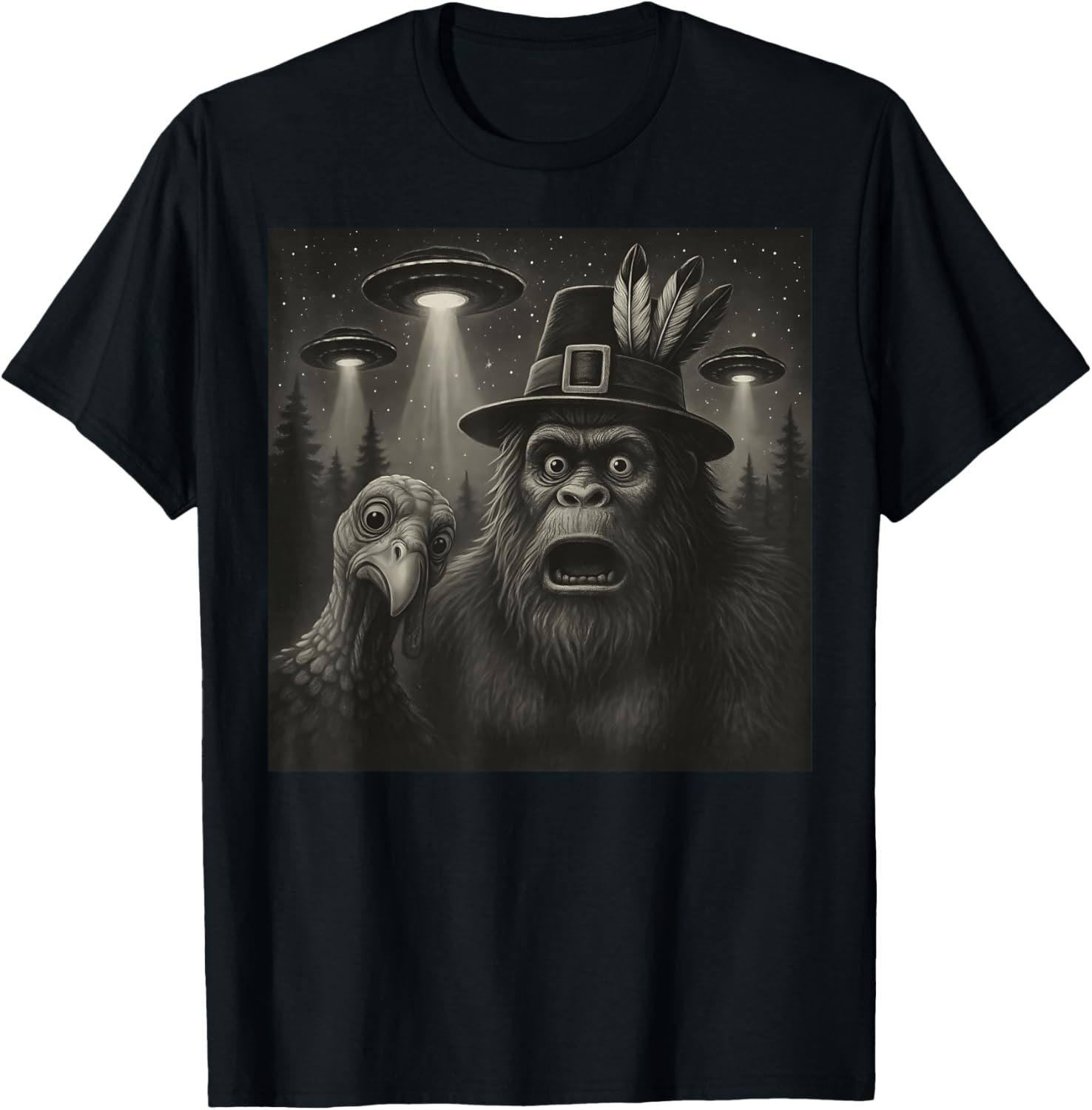 Funny Thanksgiving Bigfoot Turkey Selfie UFO Sasquatch T-Shirt - T-Shirt | Black